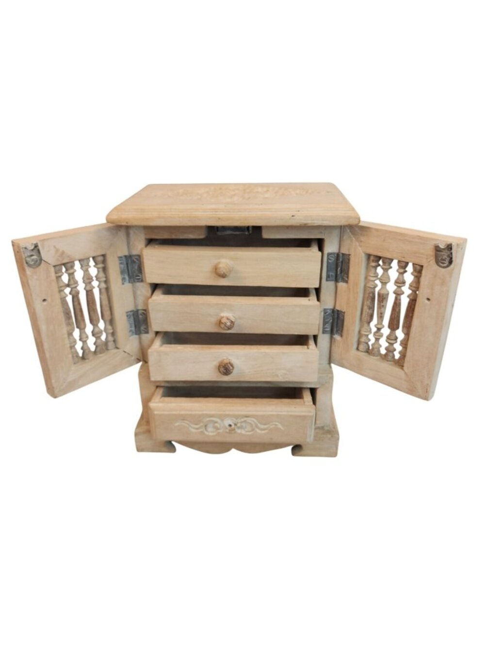 Rustic Handcrafted Wooden Jewelry Box With Intricate Carved Panels & Hinged Door